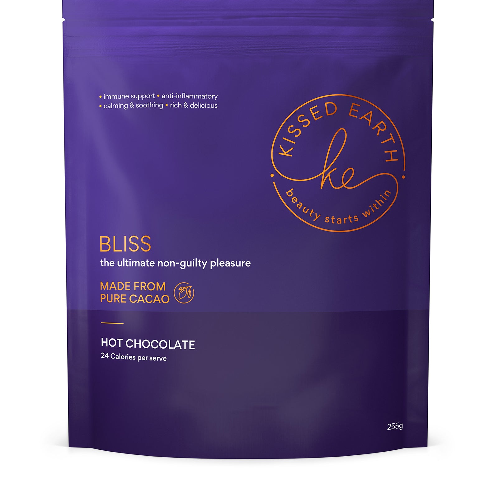 A purple package of BLISS Superfood Hot Chocolate with the brand logo 'Kissed Earth' and product name 'BLISS' prominently displayed. The package is labeled as "The ultimate non-guilty pleasure.