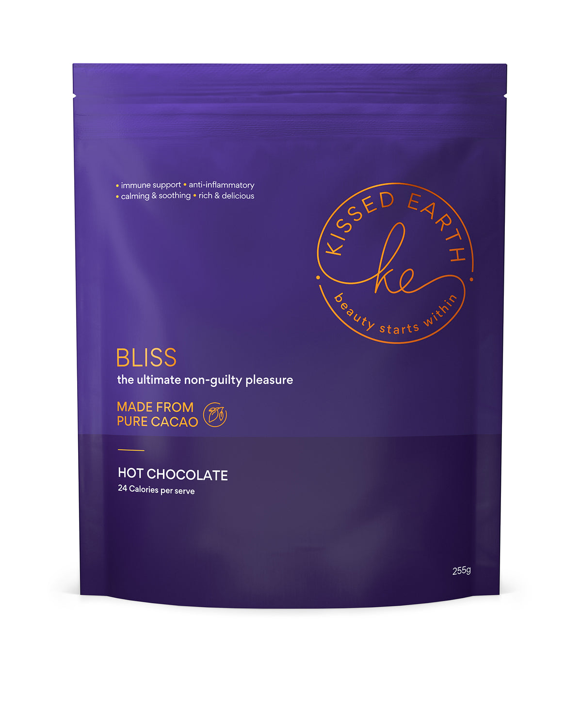 A purple package of BLISS Superfood Hot Chocolate with the brand logo &#39;Kissed Earth&#39; and product name &#39;BLISS&#39; prominently displayed. The package is labeled as &quot;The ultimate non-guilty pleasure.
