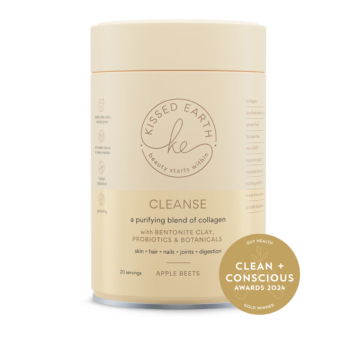 A beige container of Kissed Earth Cleanse supplement with a label showing the product name and 'Apple Beet' flavor, alongside the Clean & Conscious Award badge.