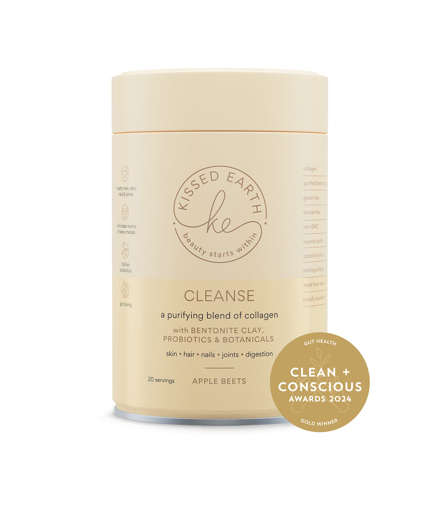 A beige container of Kissed Earth Cleanse supplement with a label showing the product name and 'Apple Beet' flavor, alongside the Clean & Conscious Award badge.