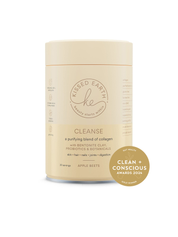 A beige container of Kissed Earth Cleanse supplement with a label showing the product name and 'Apple Beet' flavor, alongside the Clean & Conscious Award badge.