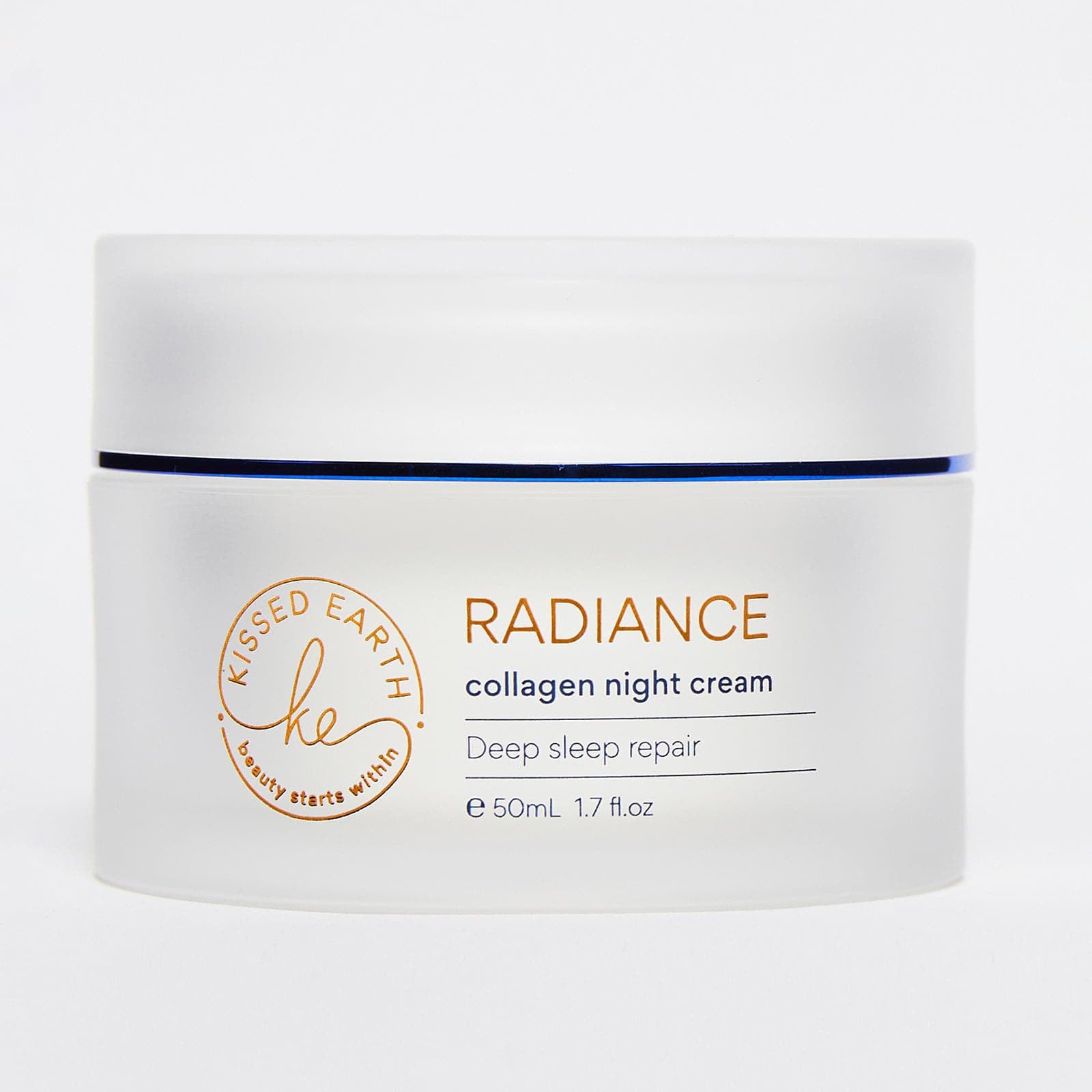 A jar of Radiance Collagen Night Cream by Kissed Earth, indicating that it's a product designed for skin repair and nourishment.