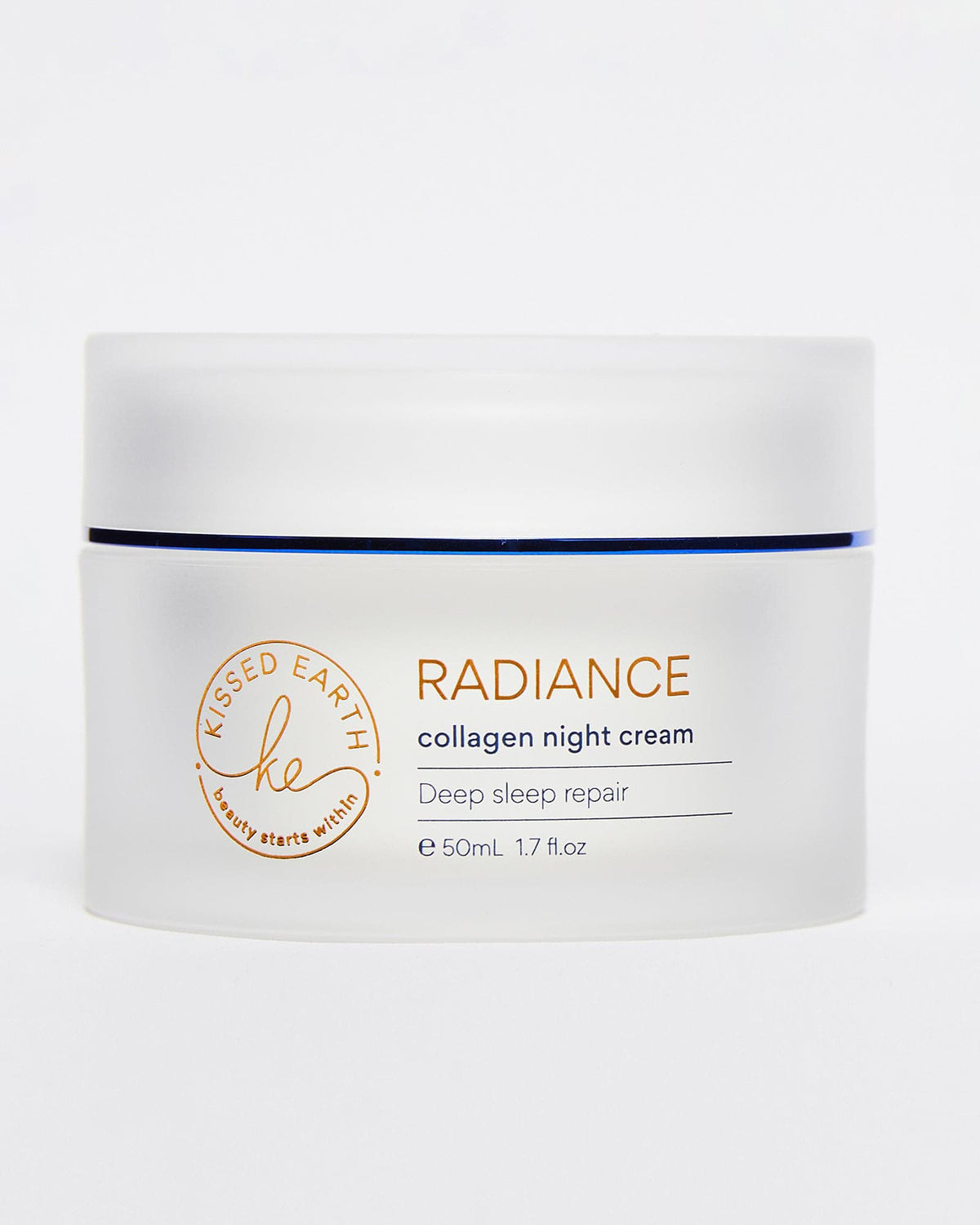 A jar of Radiance Collagen Night Cream by Kissed Earth, indicating that it&#39;s a product designed for skin repair and nourishment.
