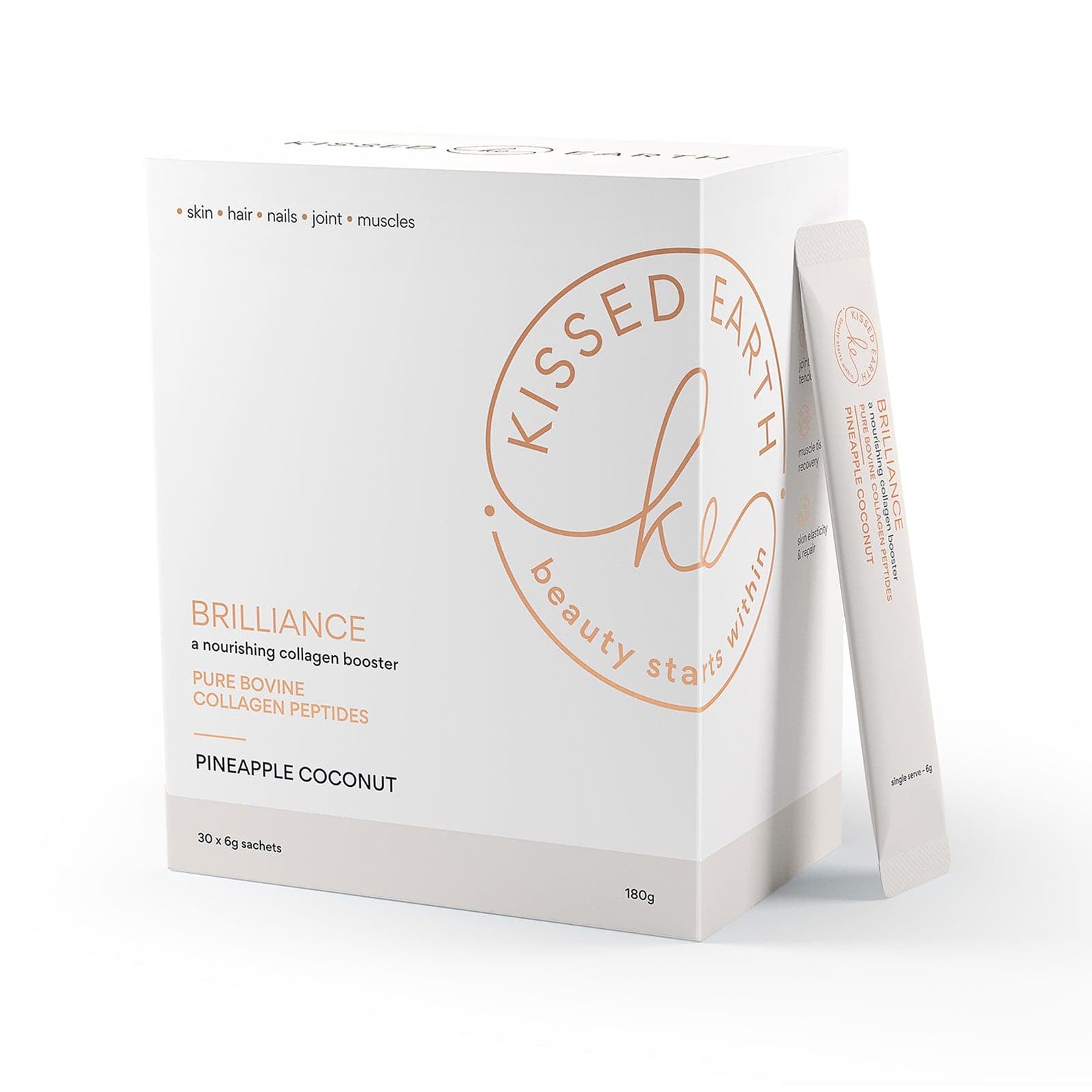 Packaging of Kissed Earth Brilliance hydrolysed collagen supplement in pineapple coconut flavor, featuring a box and single serve sachets.