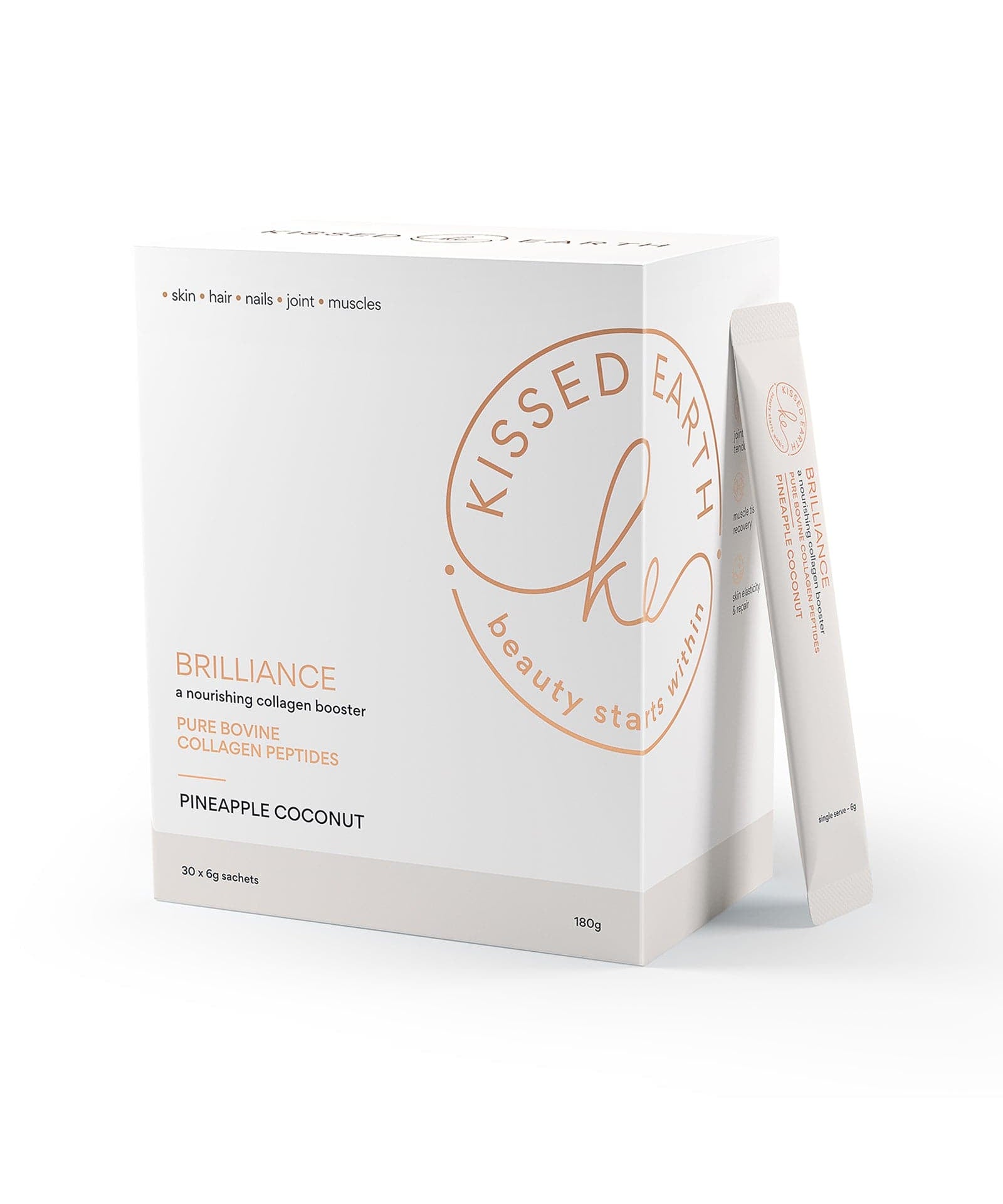 Packaging of Kissed Earth Brilliance hydrolysed collagen supplement in pineapple coconut flavor, featuring a box and single serve sachets.